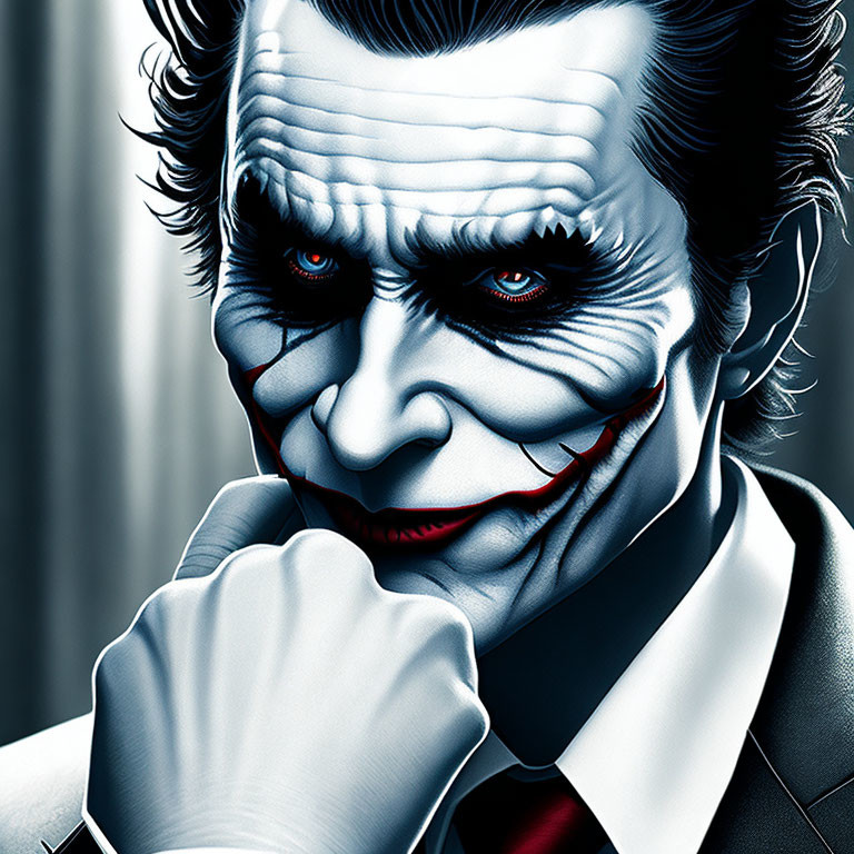 Male character portrait with white face paint, dark eye makeup, red lips, greenish hair, and