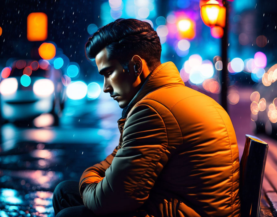 Contemplative individual with earphones in city night lights and bokeh effect