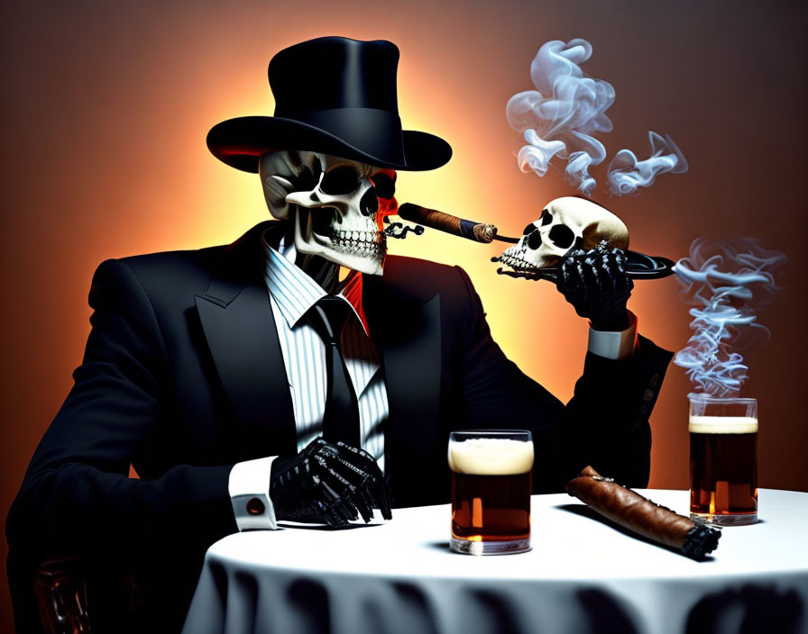 Skeleton in suit and top hat smoking cigar with skull and beer on table