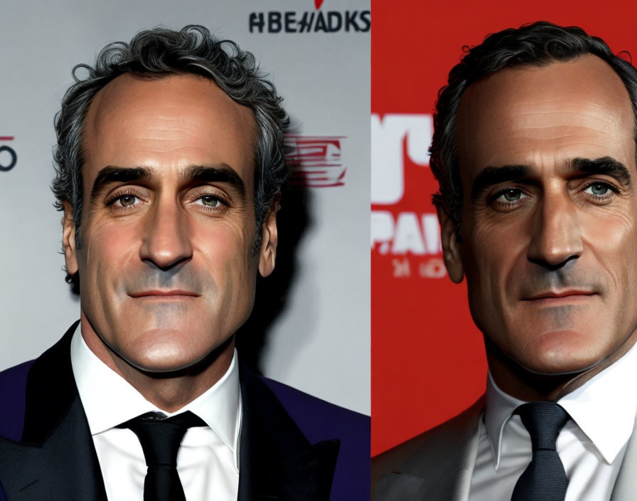 Side-by-side portraits of man with salt-and-pepper hair and dark suit on red backdrop.