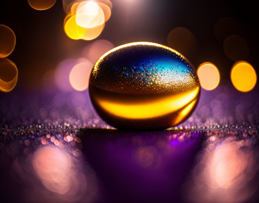 Multicolored glossy sphere on glittering surface with warm golden bokeh lights