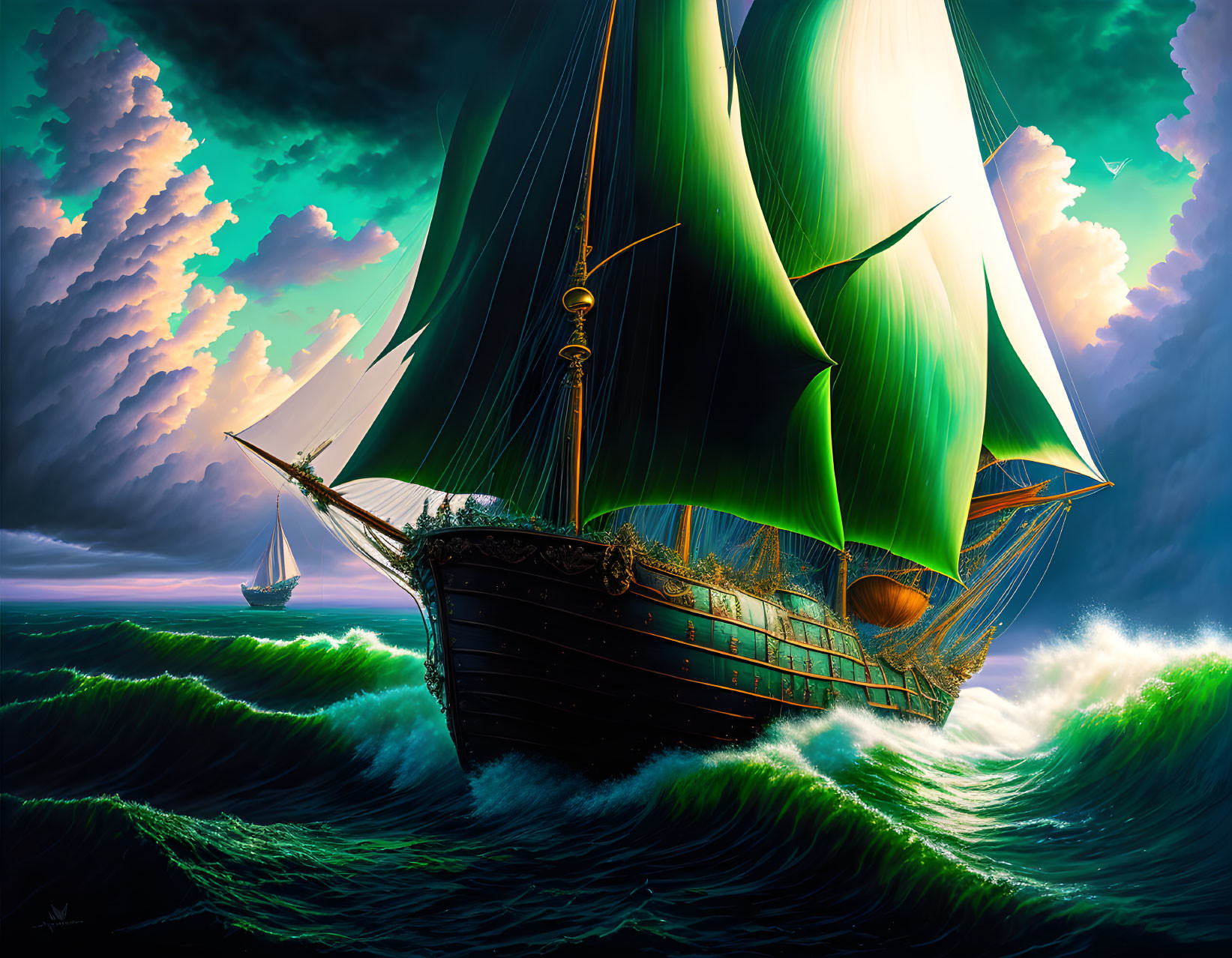 Majestic sailing ship with green sails on turbulent seas