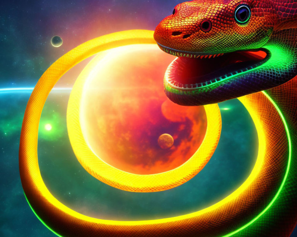 Colorful digital artwork: Coiled snake in space with neon colors and fiery planet.