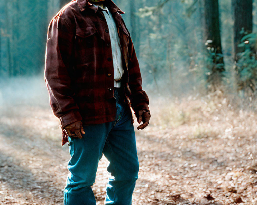 Person in checkered jacket and mask standing in misty forest