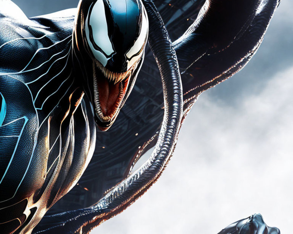 Menacing symbiote character with sharp teeth and tendrils against skyscraper backdrop.