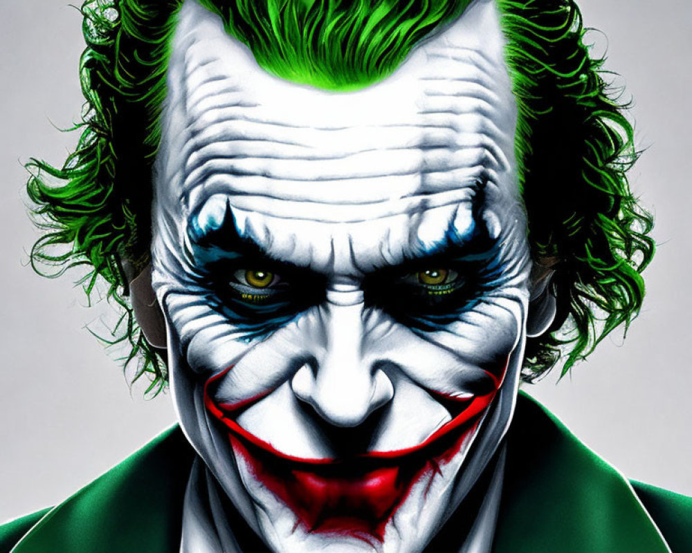 Sinister clown character with green hair and makeup on dark background