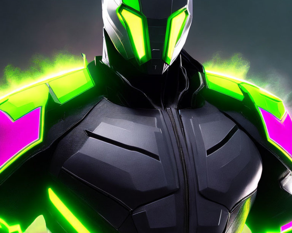 Futuristic black and green armored suit with glowing accents and sleek helmet against misty backdrop