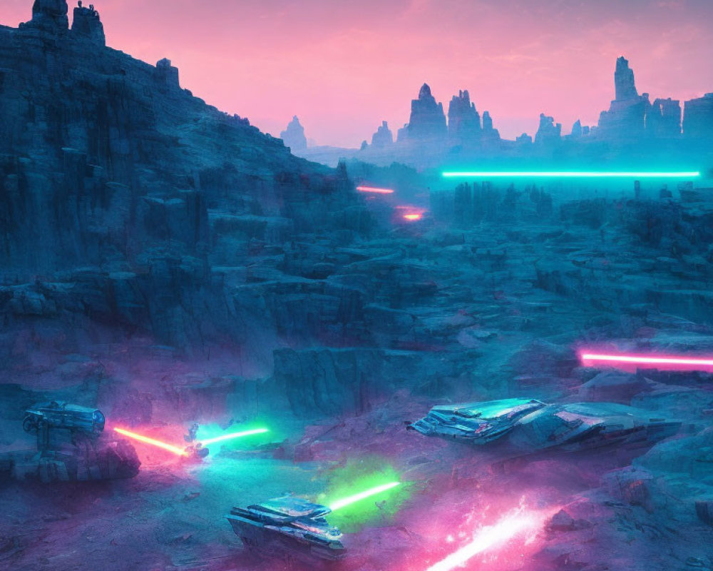 Sci-fi landscape with flying vehicles and colorful beams in a purple sky