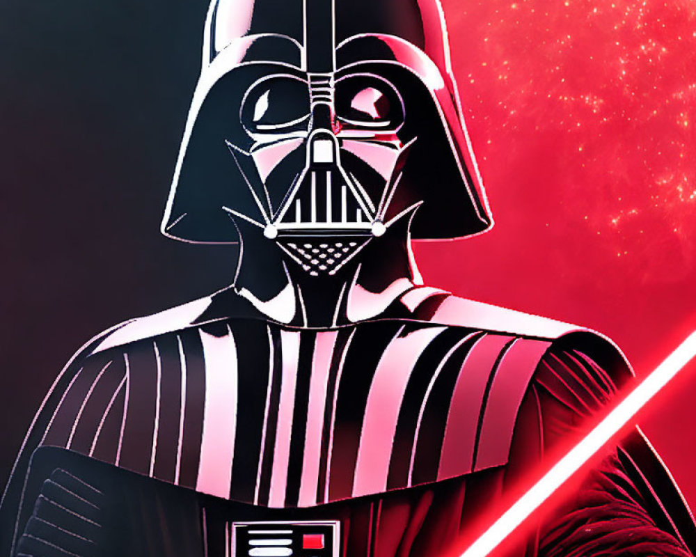 Stylized image of Darth Vader with red lightsaber in cosmic setting