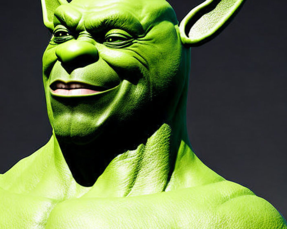 Detailed close-up of a green, muscular animated character with prominent ears and a wry smile