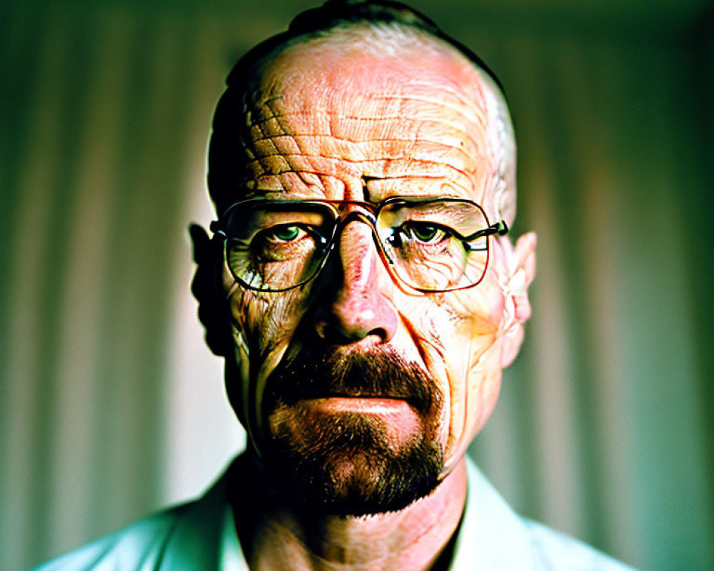 Bald Man with Glasses and Beard Stubble in Green Shirt