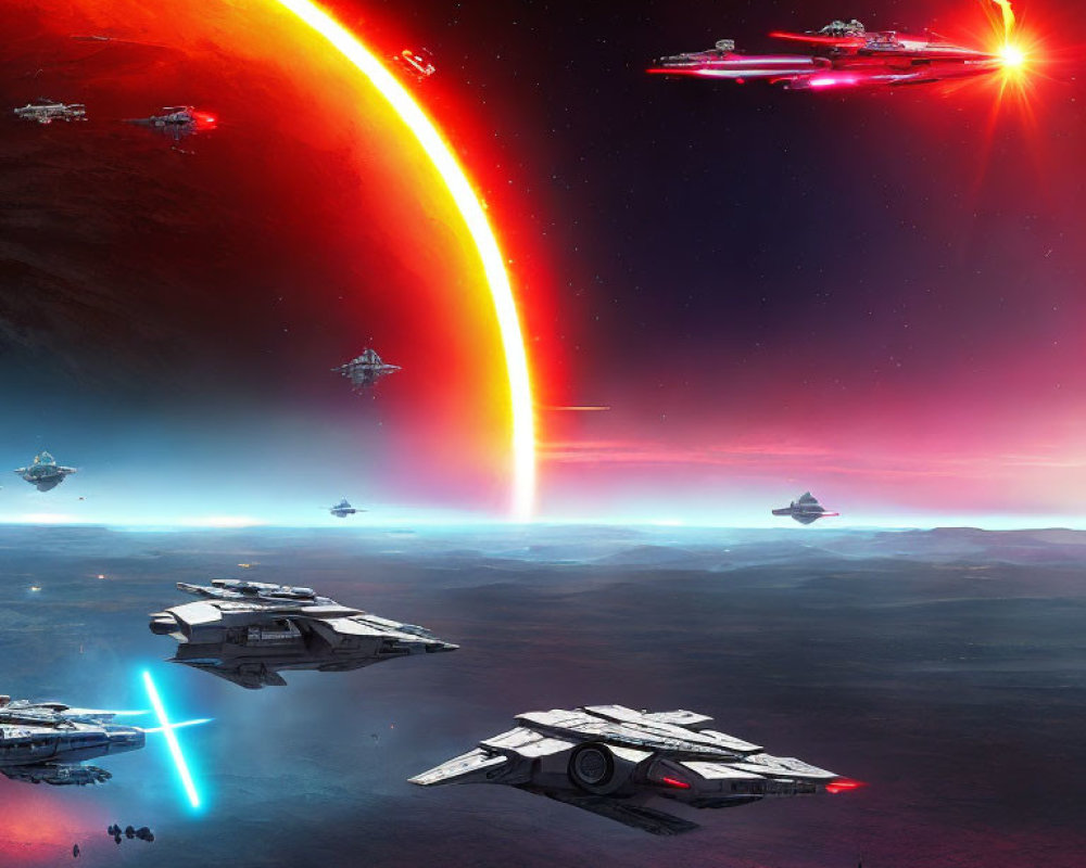 Spaceships flying over alien planet with red celestial body in sci-fi scene