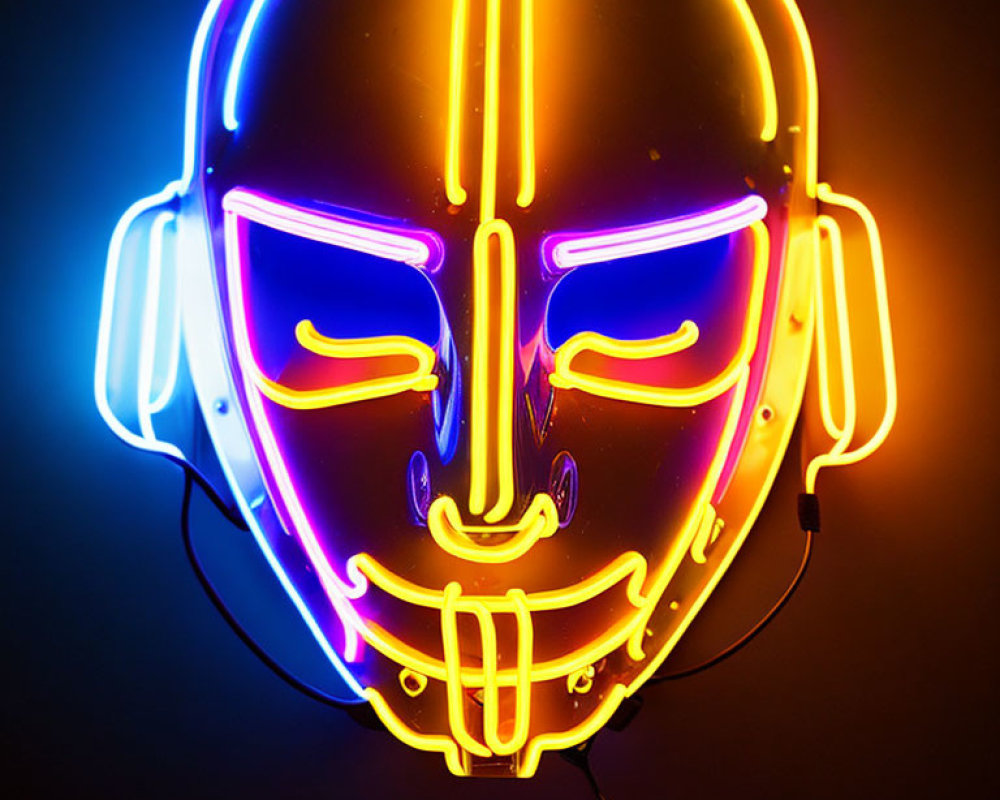 Colorful Neon Sign of Stylized Human Face on Dark Background