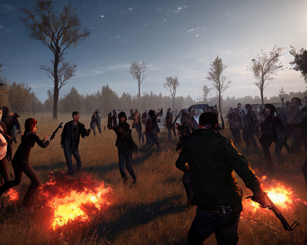 Group of people with torches charging through field at dusk with flames and silhouetted trees.