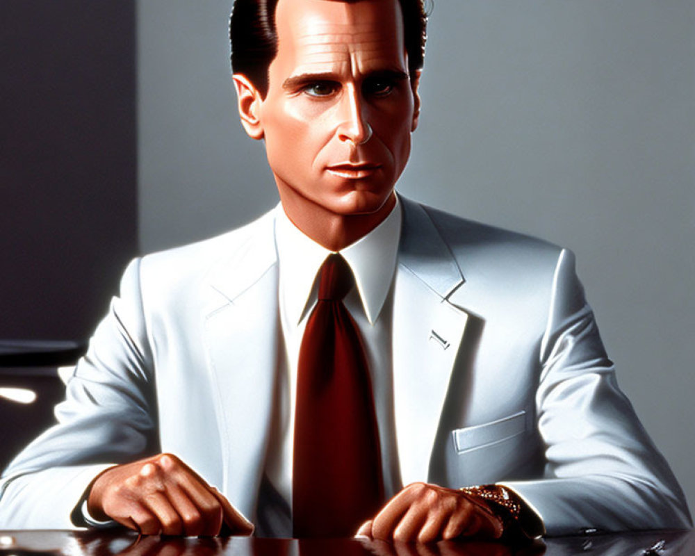 Stylized portrait of man in white suit, red tie, and gold watch sitting confidently.