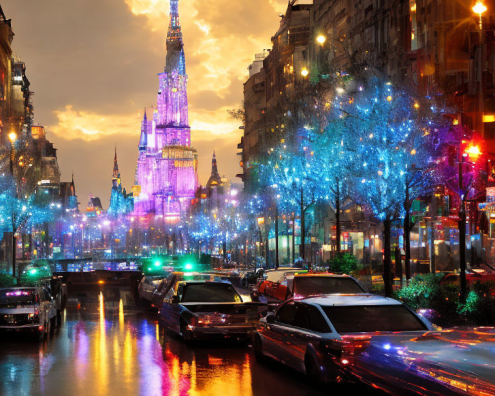 Cityscape with illuminated blue trees, parked cars, and bright tower at dusk