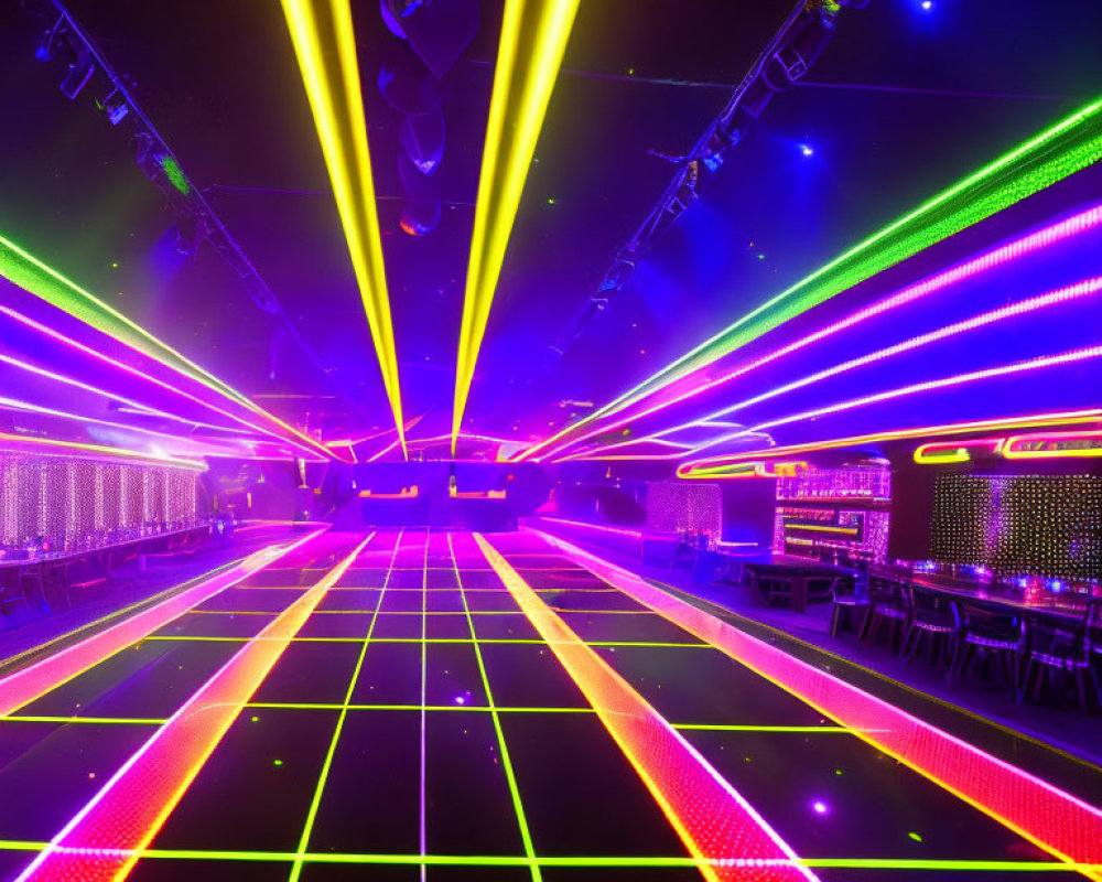 Colorful neon laser beams illuminate nightclub dance floor with stools and tables