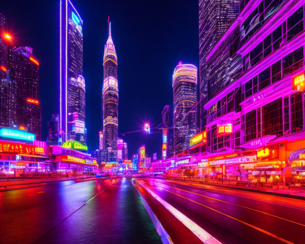 Night cityscape with illuminated skyscrapers and neon signs