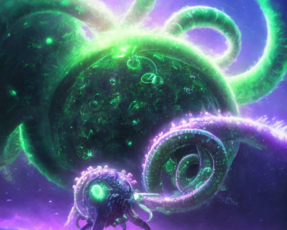 Colorful digital artwork of alien cephalopod in cosmic setting