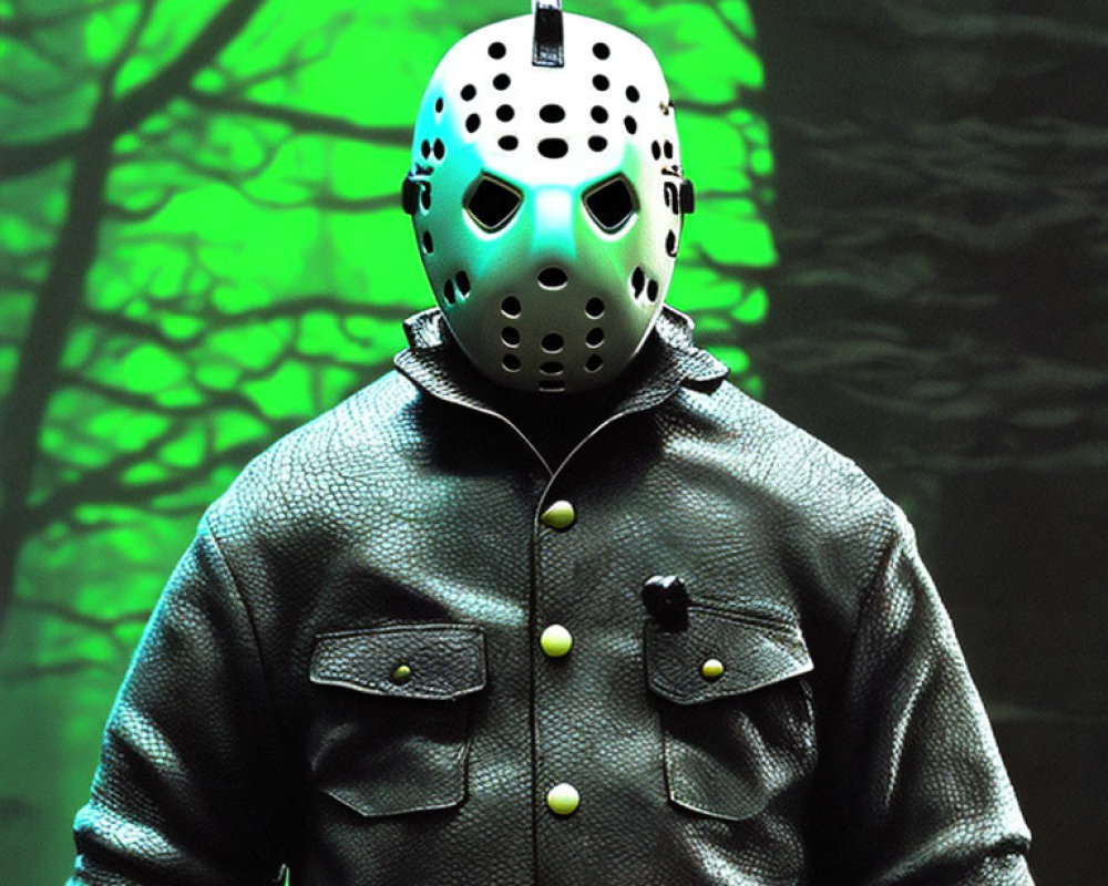 Hockey mask and leather jacket on person in forest setting