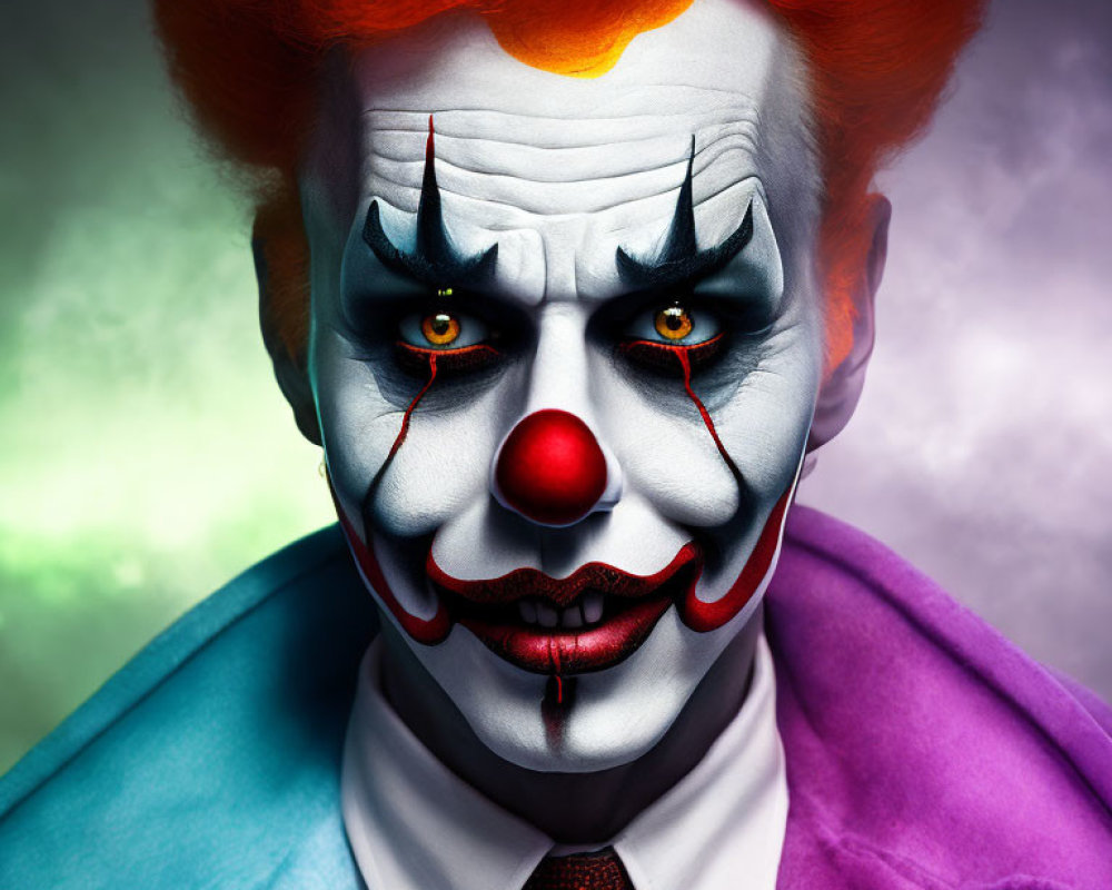 Colorful Clown Portrait with Striking Face Paint and Red Nose