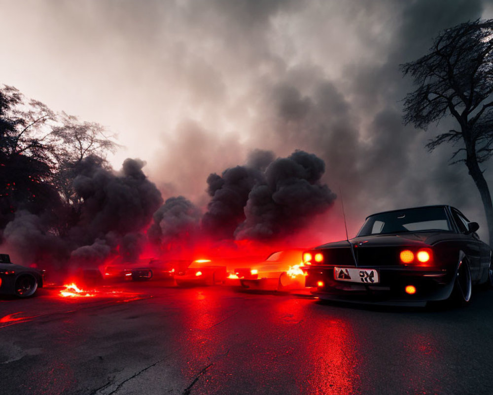 Glowing red lights on cars in thick smoke under dark sky