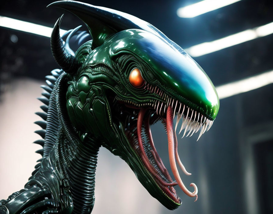 Detailed Xenomorph alien head with metallic sheen and sharp teeth on blurred background.