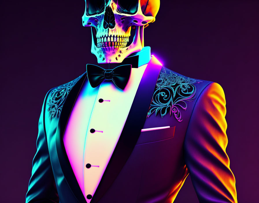 Skull-headed figure in colorful tuxedo on purple background