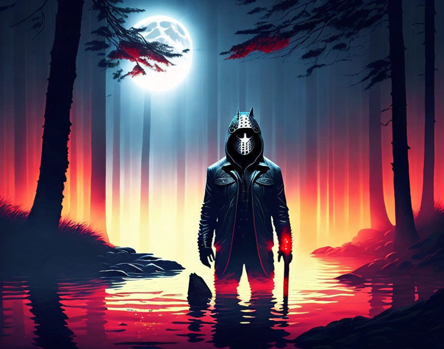 Mysterious figure in medieval helmet and modern jacket in crimson-lit forest under full moon