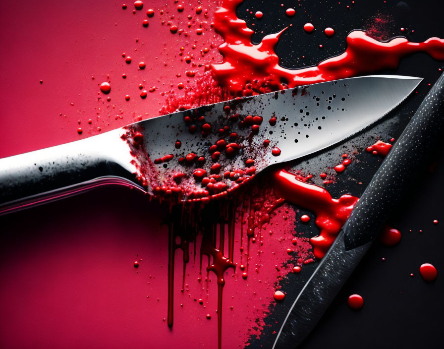 Knife with red splattered liquid on dark surface