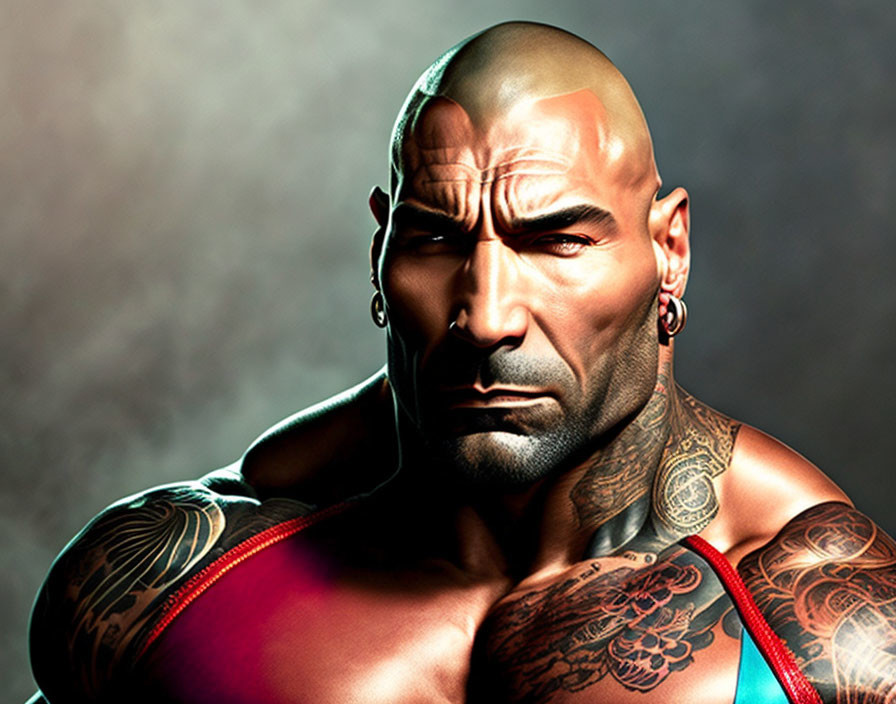 Muscular bald man with tattoos and intense gaze in digital art