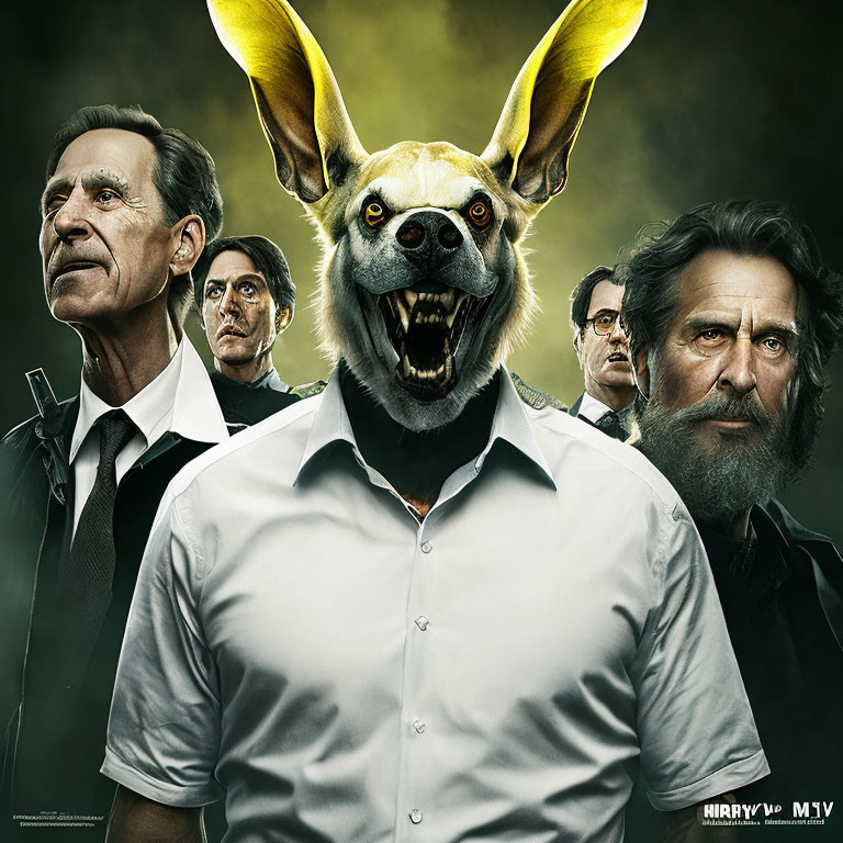 Promotional poster featuring four intense characters with surreal rabbit head.