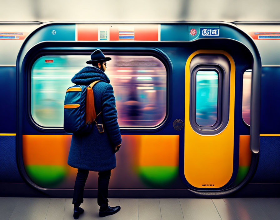 Person in Blue Coat and Hat Next to Blurred Subway Train