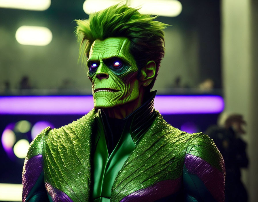 Elaborate Green and Purple Comic Book Villain Makeup