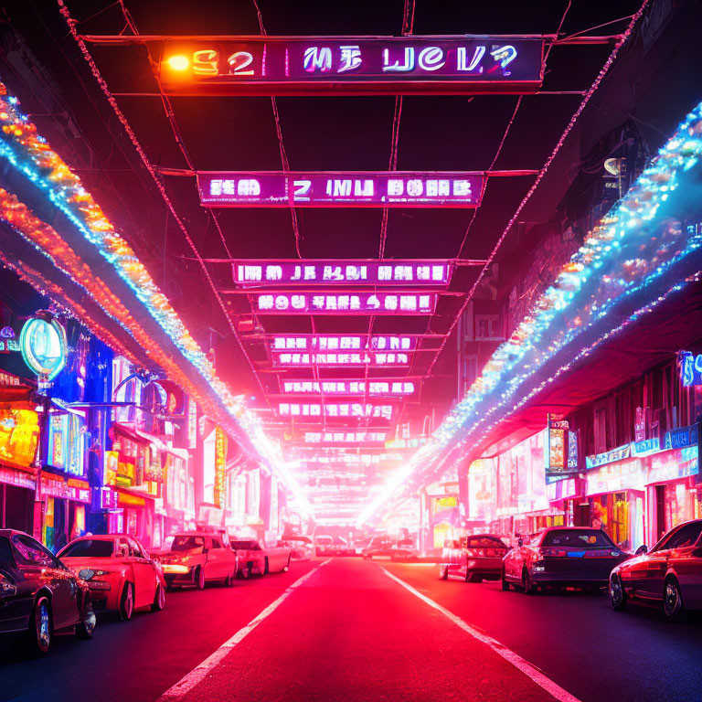 Night street scene with neon signs and city lights.