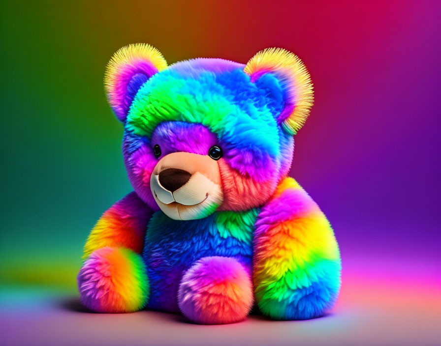 Colorful Rainbow Teddy Bear Against Gradient Background