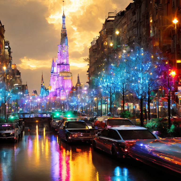 Cityscape with illuminated blue trees, parked cars, and bright tower at dusk