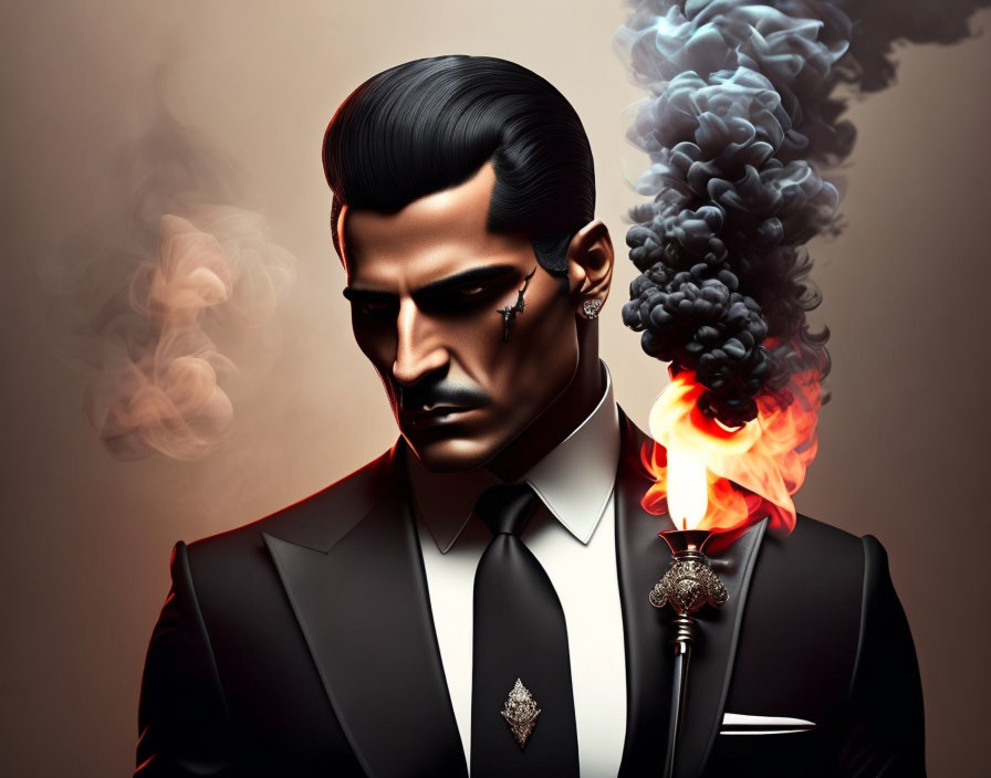 Man in suit with slicked-back hair, half head ablaze with flames.