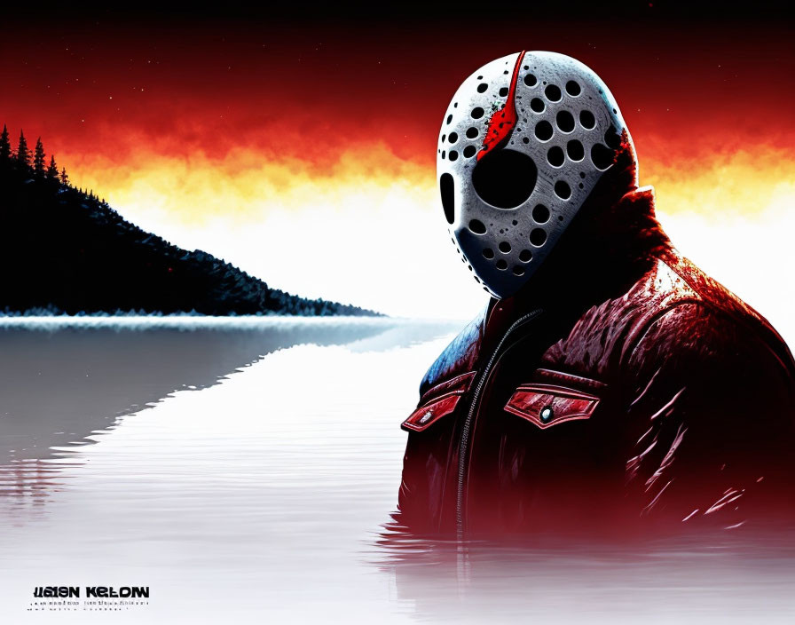 Person in Red Jacket and Hockey Mask by Misty Lake with Sinister Atmosphere