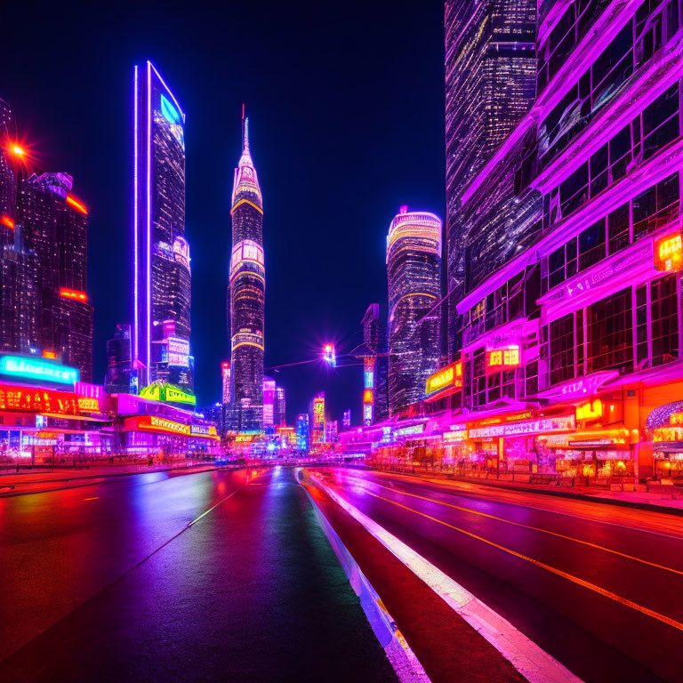 Night cityscape with illuminated skyscrapers and neon signs