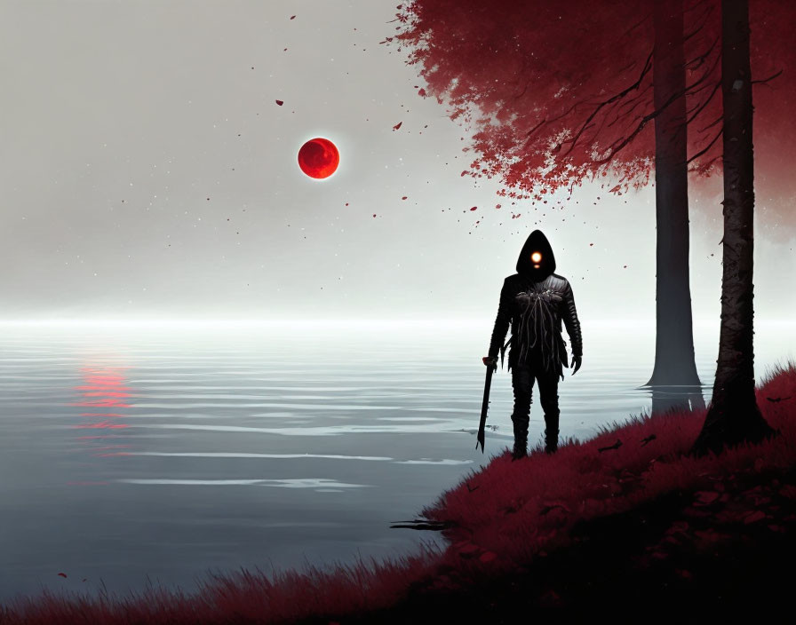 Cloaked figure by lake under red moon in misty landscape