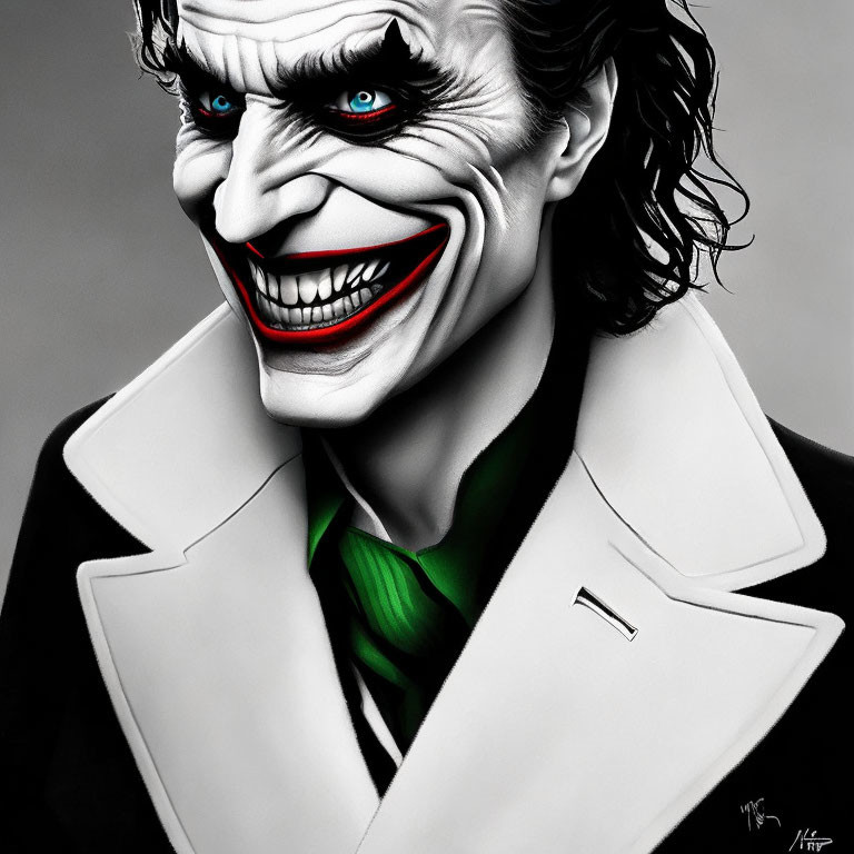 Sinister Joker illustration in black suit with wide grin