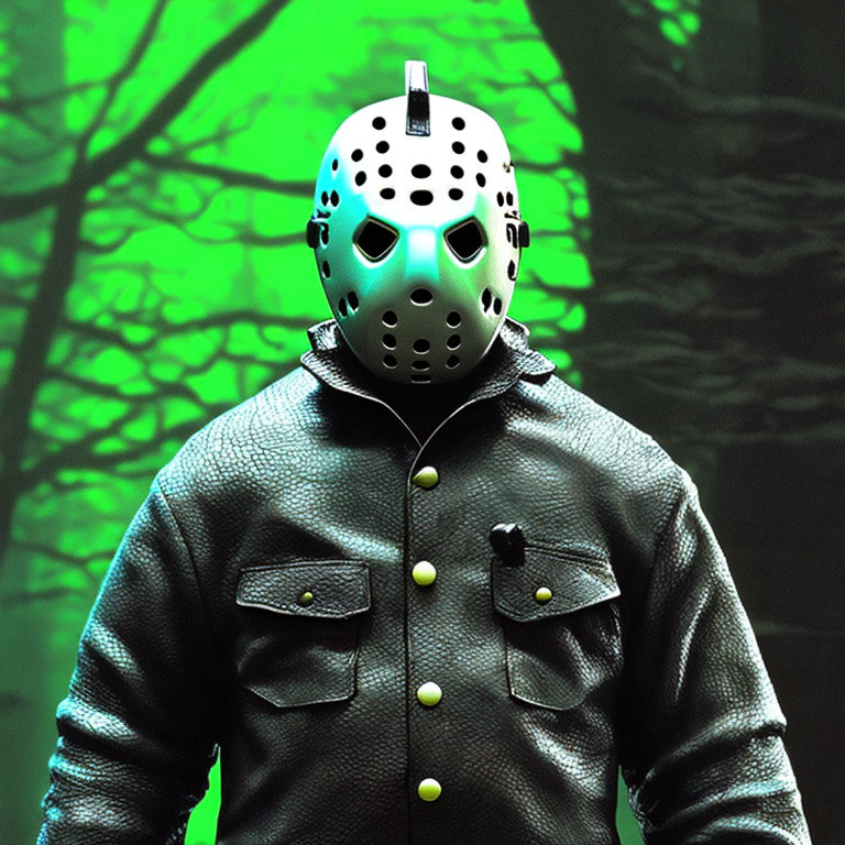 Hockey mask and leather jacket on person in forest setting