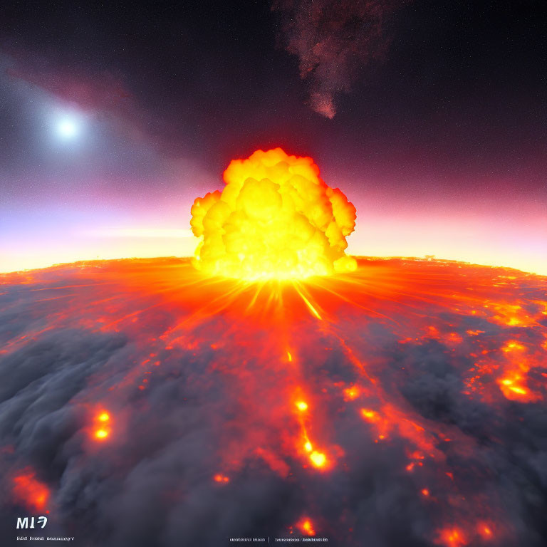 Intense glowing explosion amidst cloudy field