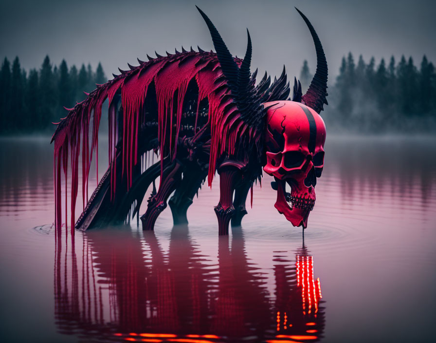 Sinister skeletal creature with horns in misty red water under gloomy sky