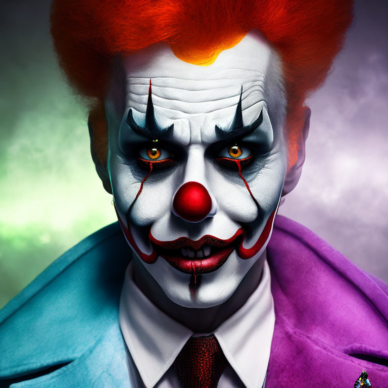 Colorful Clown Portrait with Striking Face Paint and Red Nose