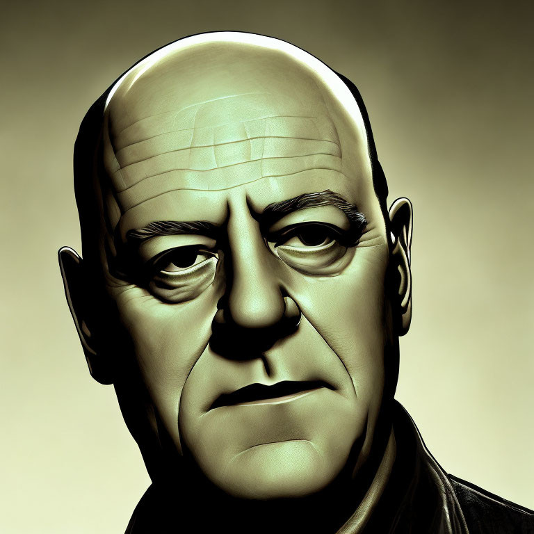 Hyper-realistic digital artwork of a bald man with intense gaze and furrowed brows in sepia