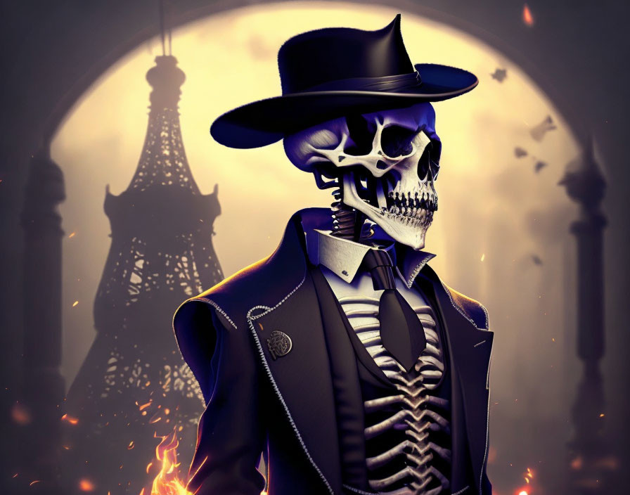 Skeletal figure in top hat and suit with Eiffel Tower silhouette and fiery background