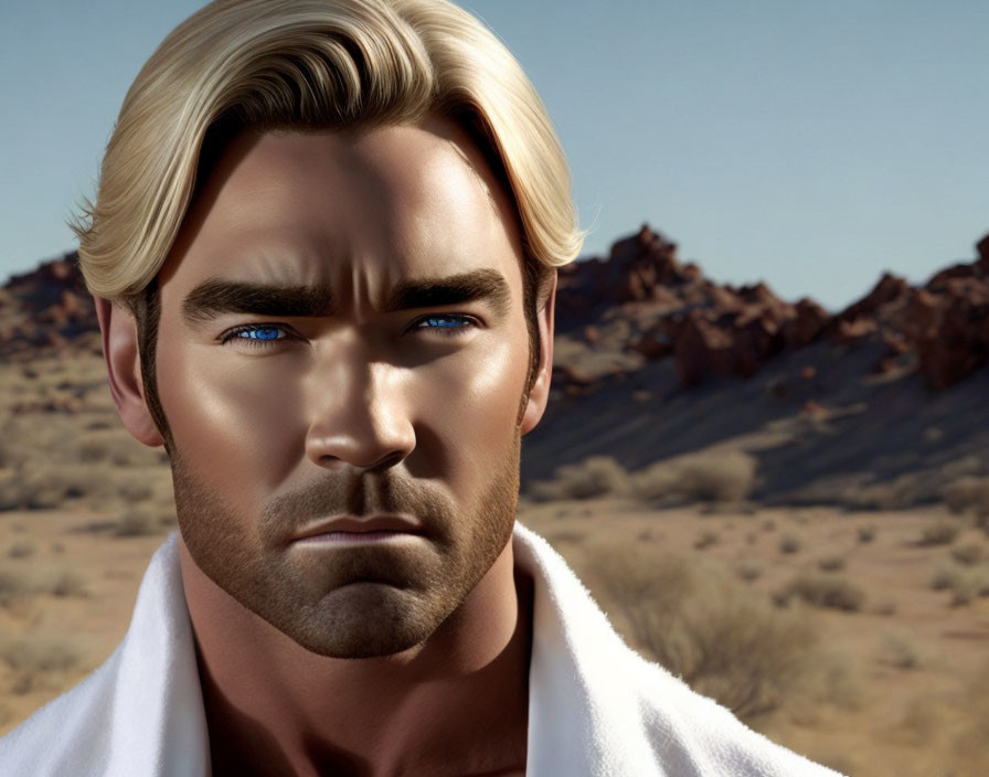 Blond man with blue eyes in white top against desert backdrop