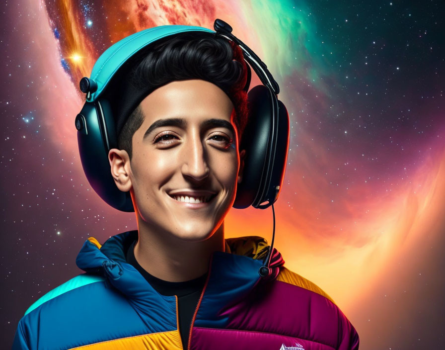 Smiling person in headphones with colorful jacket on cosmic background